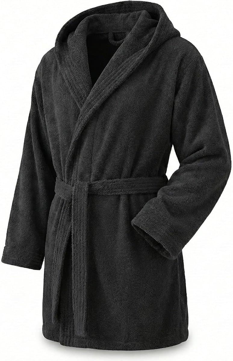 Towel Elegante badjas voor dames en heren, 100% katoen, 500 g/m², met capuchon of zonder capuchon, zacht en absorberend voor douche, spa en zwembad, Zwart, S