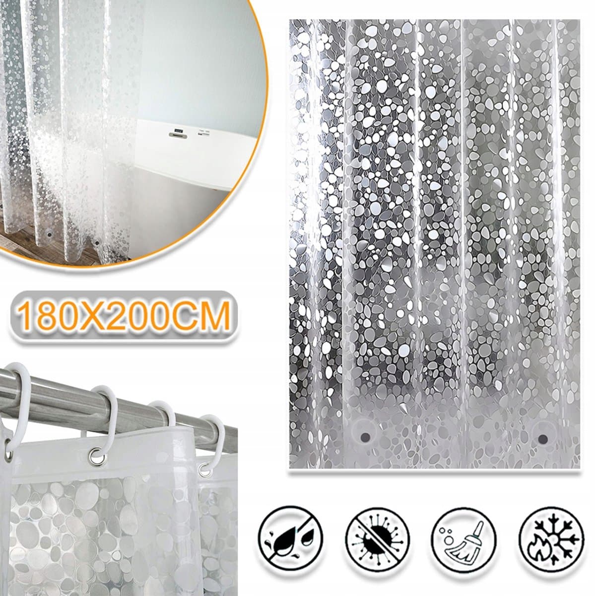 Douchegordijn 180x200cm Transparant met Magneetgewicht - 3D Kiezelpatroon - EVA Waterafstotend Anti-Schimmel PVC-Vrij - Inclusief 12 Ringen - Transparant voor Privacy