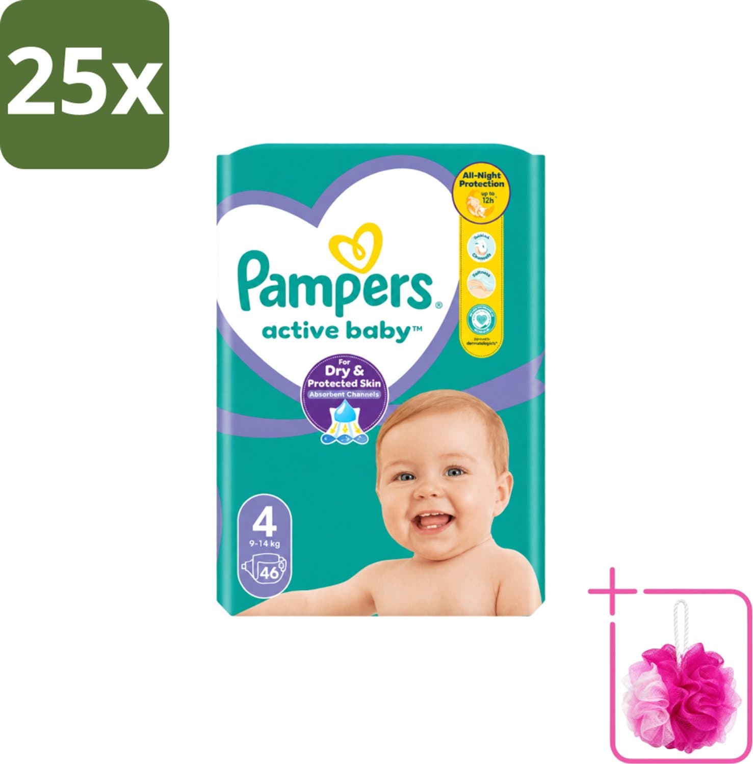 25 x Pampers – Luiers – Active Baby Maat 4 – 46 Luiers - Bulkverpakking - Baby luier - Douchemop - Baby droog