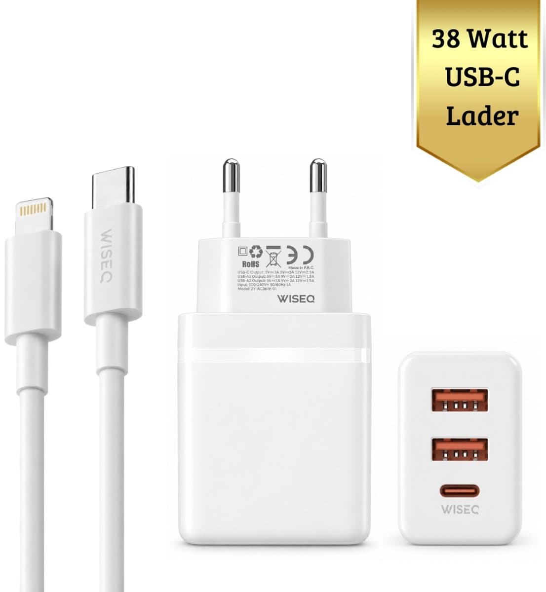 Snellader 38W - USB-C Adapter met Oplaadkabel geschikt voor Lightning- Fast Charger Geschikt Voor iPhone 14/13/12/11 Pro Max & iPad – Snelle Oplader Inclusief Kabel (3M)