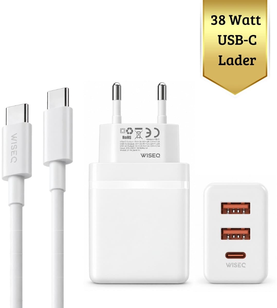 38W GaN USB-C Snellader met 3 Meter USB C naar USB C Kabel – 100W - Geschikt Voor Alle Toestellen – WiseQ