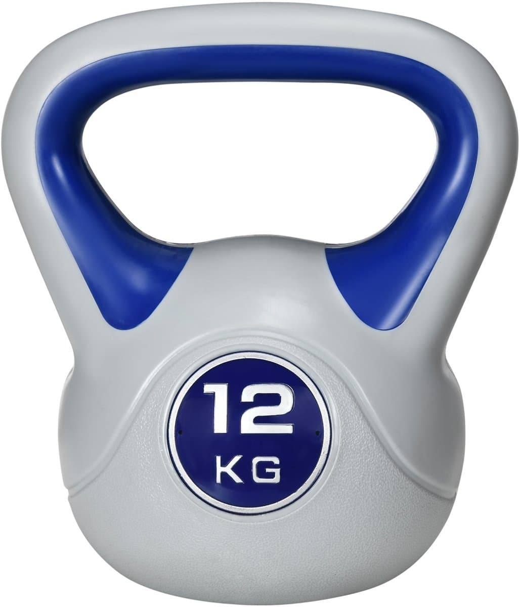 Kettlebell - 12 kg - platte onderkant - grote handgreep - polyurethaan omhulsel - blauw - 24 x 17 x 28 cm