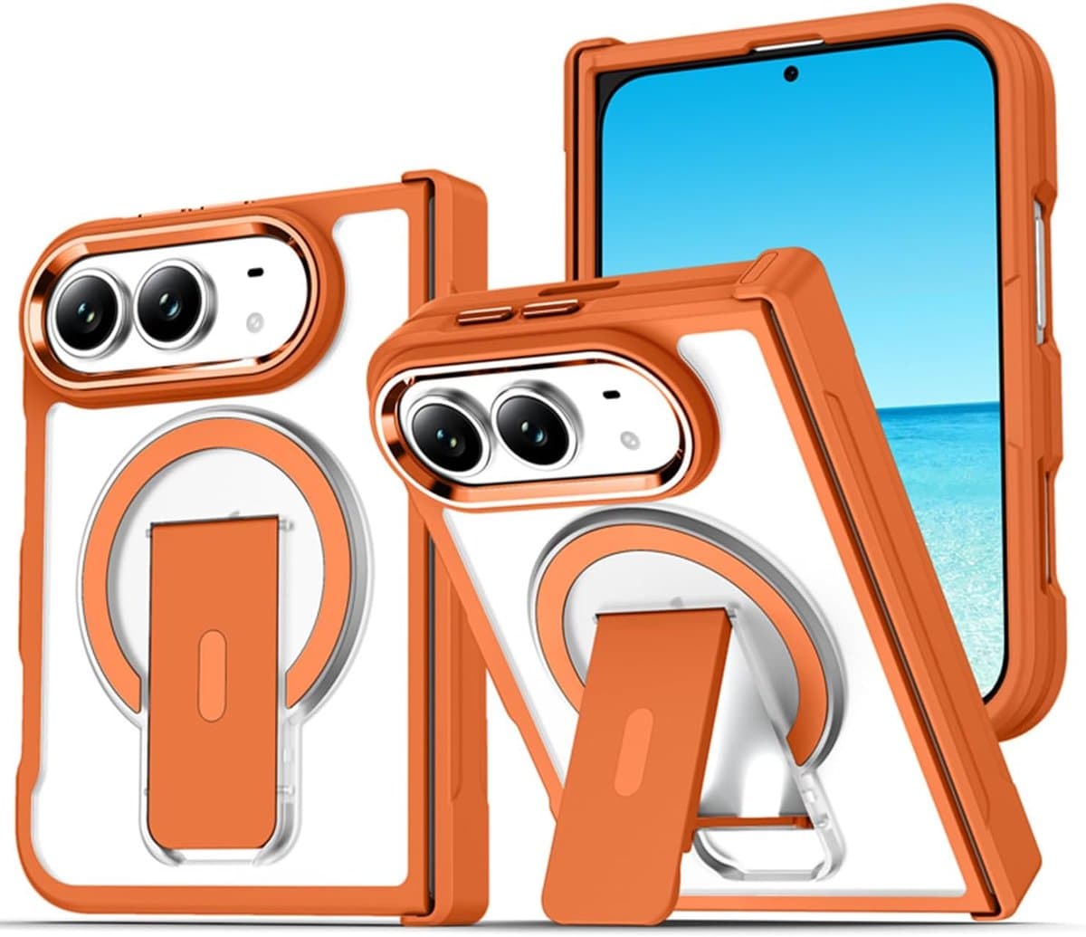 Magnetisch Hoesje voor iPhone Duo - Geschikt voor iPhone Duo - Verstelbare Standaard - PC + TPU - MagSafe Compatibel - Volledige Camerabescherming - Schokbestendig - Krasbestendig - Draadloos Opladen - Oranje