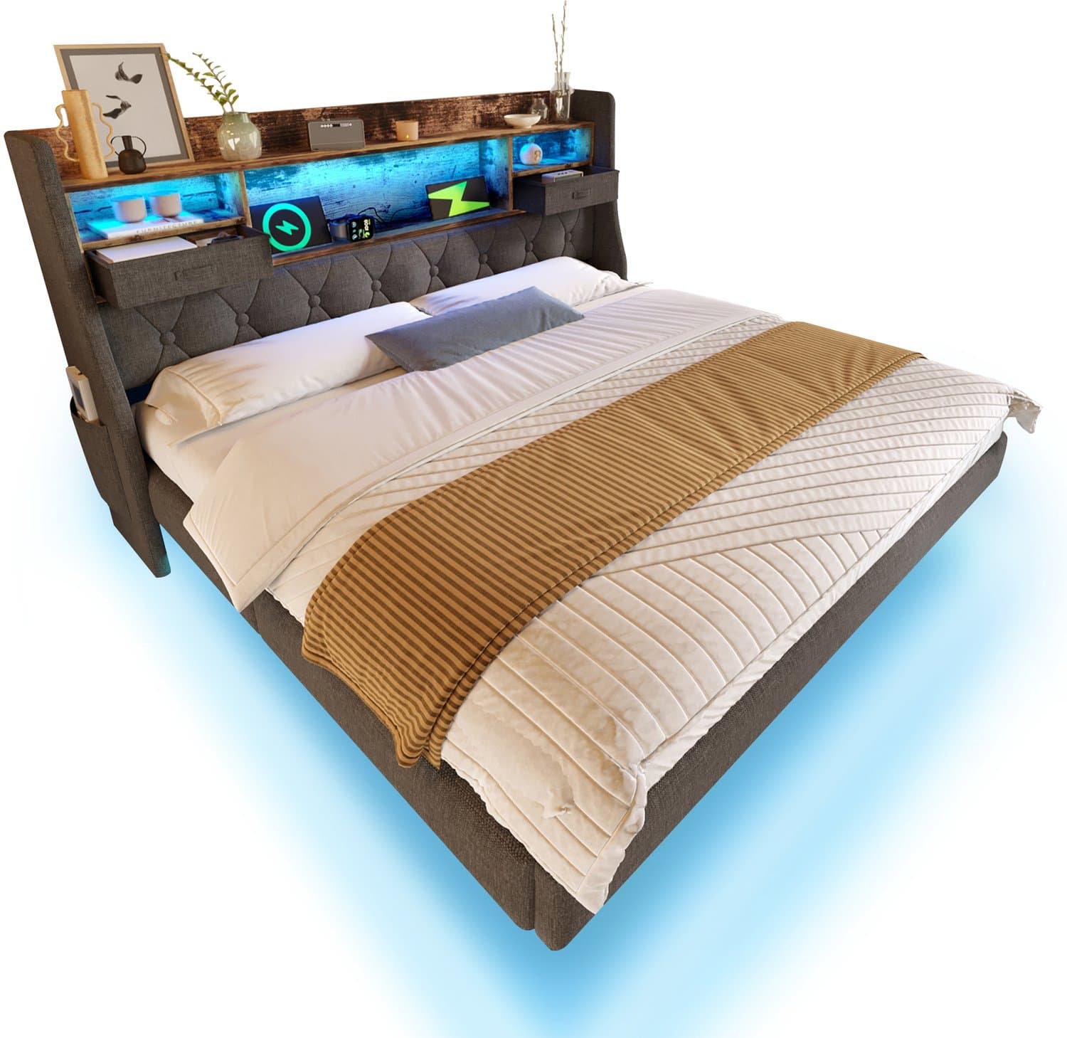 Bed 140 x 200 cm - Met LED-Verlichting, Hoofdbordopslag En USB - Grijs Linnen Bed Met Lattenbodem Voor De Slaapkamer