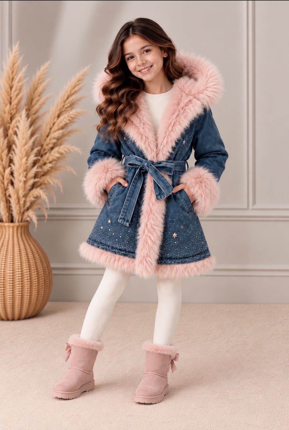 Meisjes Jeansjas met Bontvoering & Strass – Warme Spijkerjas – Roze bont – Winterjas Meisje - maat 158/164