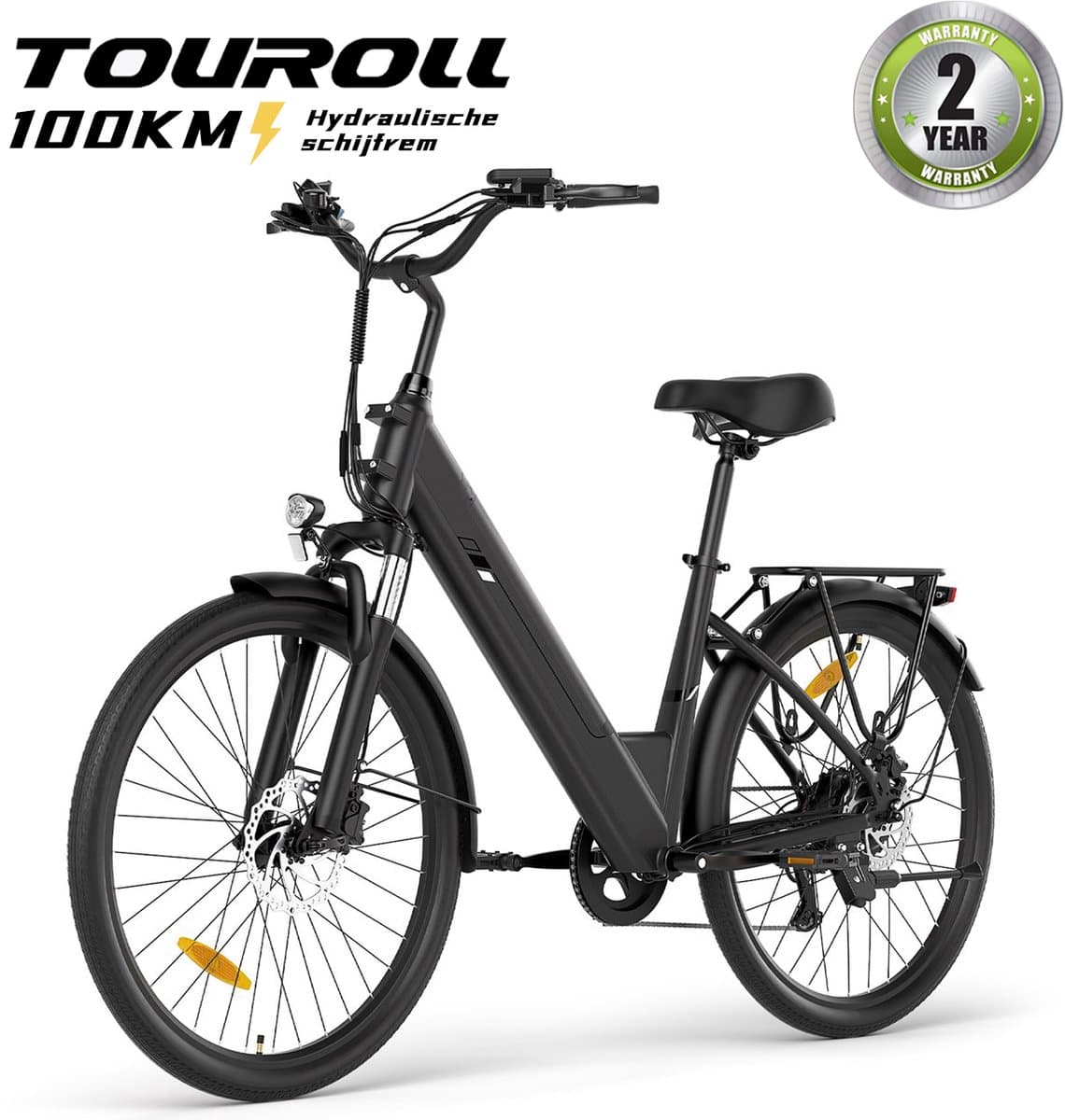 Touroll J2 ST Pro Opstap Elektrische Fiets, 450W piekvermogen motor, 45 Nm koppel, 36V 15,6Ah verwisselbare batterij,actieradius 100 km, hydraulische schijfremmen, Shimano 7-versnellingen, 26" luchtbanden, 60 mm voorvorkvering, LED-display.