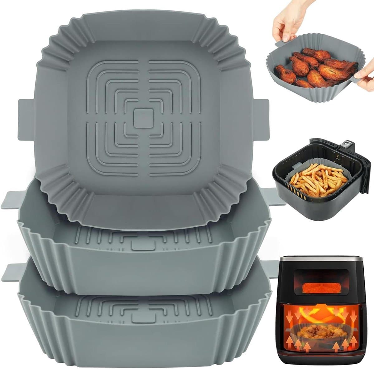 TTGoods - Siliconen luchtfriteuse voering set 20,5 cm - vierkante mand/lade - airfryer accessoires grijs - 3-pack aantrekkelijke aanvulling vacuum frituurpan.