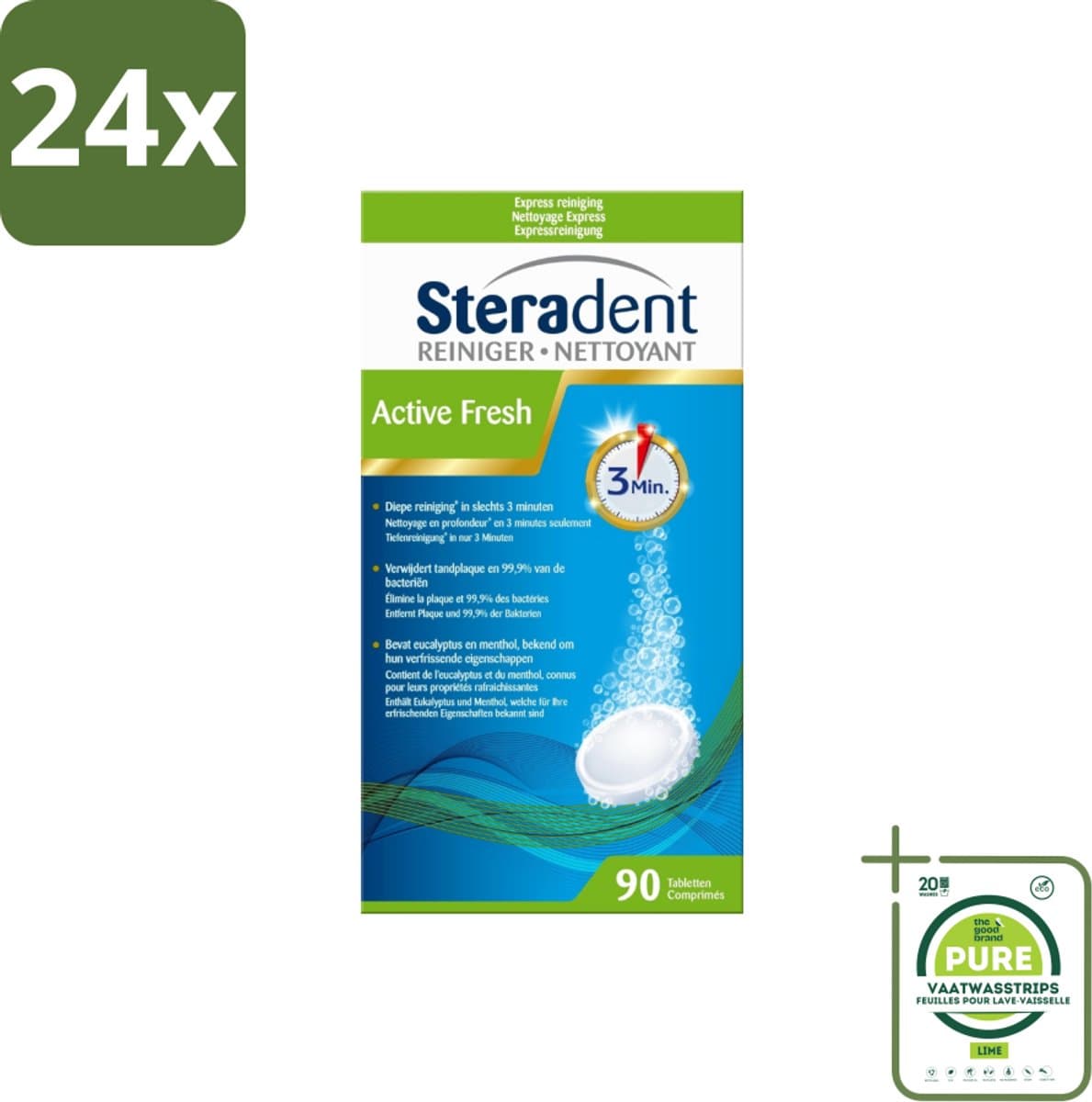 Steradent - Kunstgebitreiniger - Active Fresh - Menthol En Eucalyptus - 90 Tabletten - Voordeelverpakking - 24 stuks - Kunstgebit reiniging - Kunstgebit tabletten