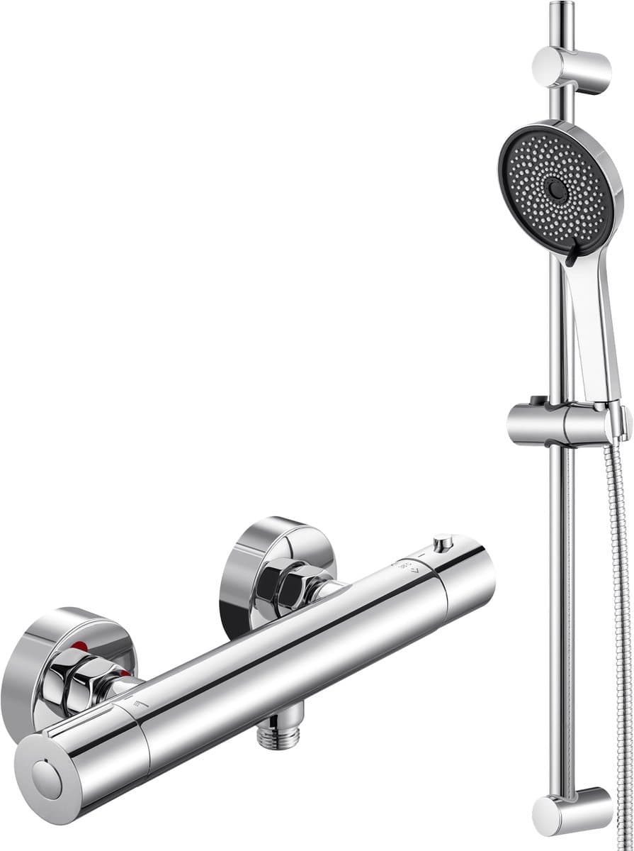 Auralum Max Doucheset - Thermostatische Douchekraan - Veiligheidsfuncties - Met 5 Standen Handdouche - Hoge Druk Douchekop - Waterbesparend - Chroom