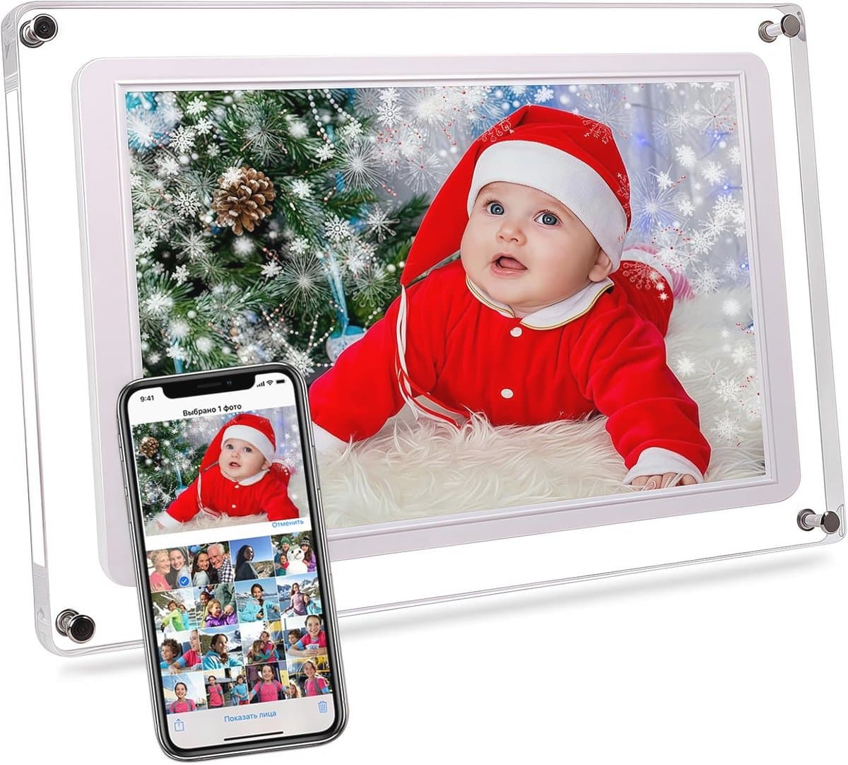 Frameo 10,1 inch wifi acryl digitale fotolijst live foto video frame, 32 GB geheugen, 1280 x 800 IPS LCD-touchscreen elektronische diavoorstelling fotolijst, direct draadloos foto's delen van overal