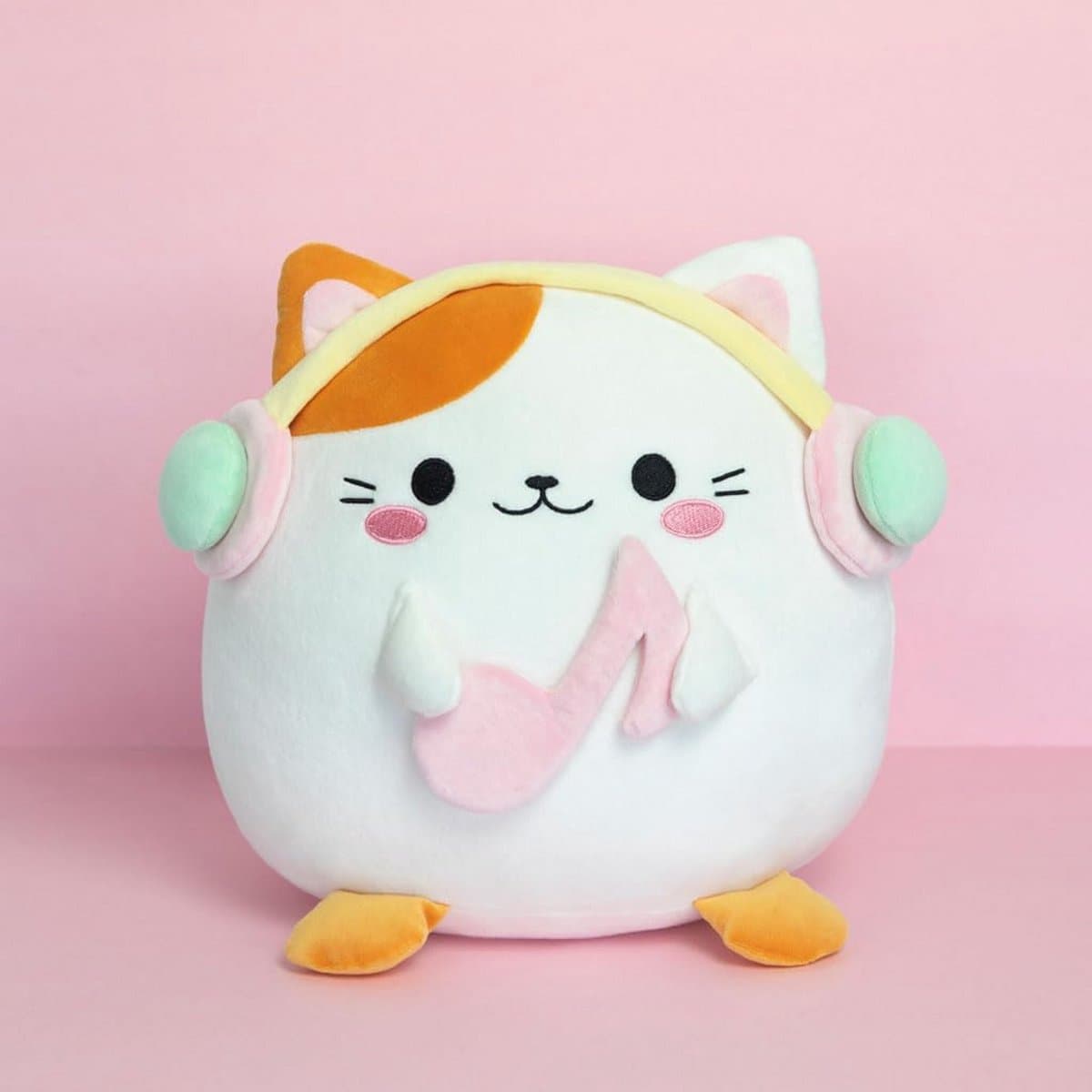Zacht Pluche Kussen Kat met Koptelefoon Kawaii Stijl Wit