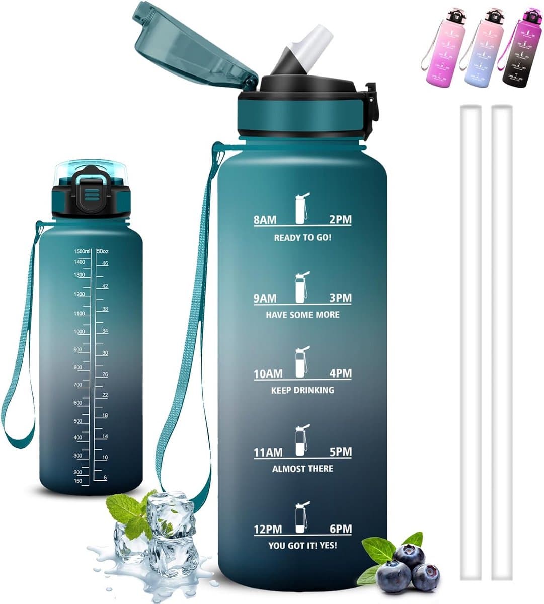 Grote Drinkfles 1.5L met Tijdmarkering en Rietje - Lekdicht & Draagbaar voor Sport en Fitness