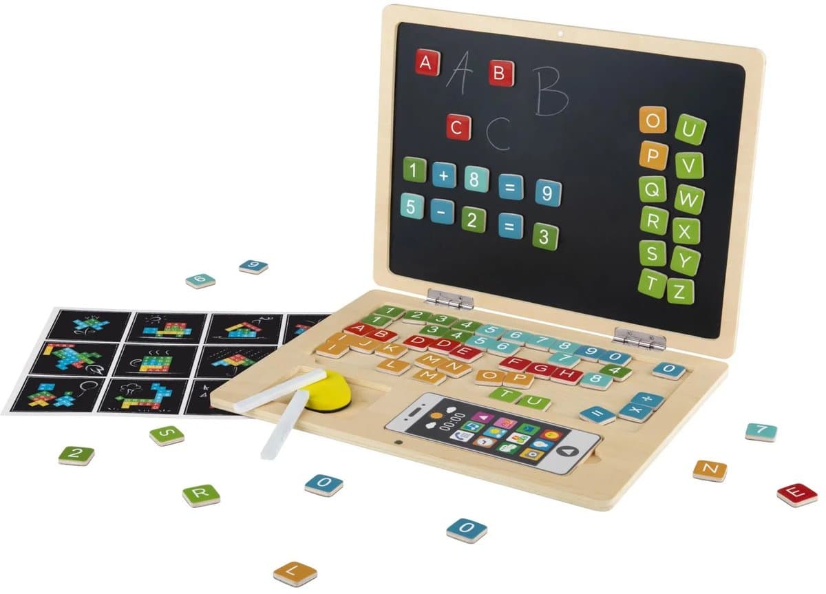 Lupilu® Houten speelgoed laptop - Gemaakt van echt hout - Leeftijdsadvies: 3+ - Bevordert spelenderwijs het eerste cijfer- en letterbegrip - 78 magnetische letters, cijfers en rekenkundige tekens - Met mobiele telefoon en beschrijfbaar bord