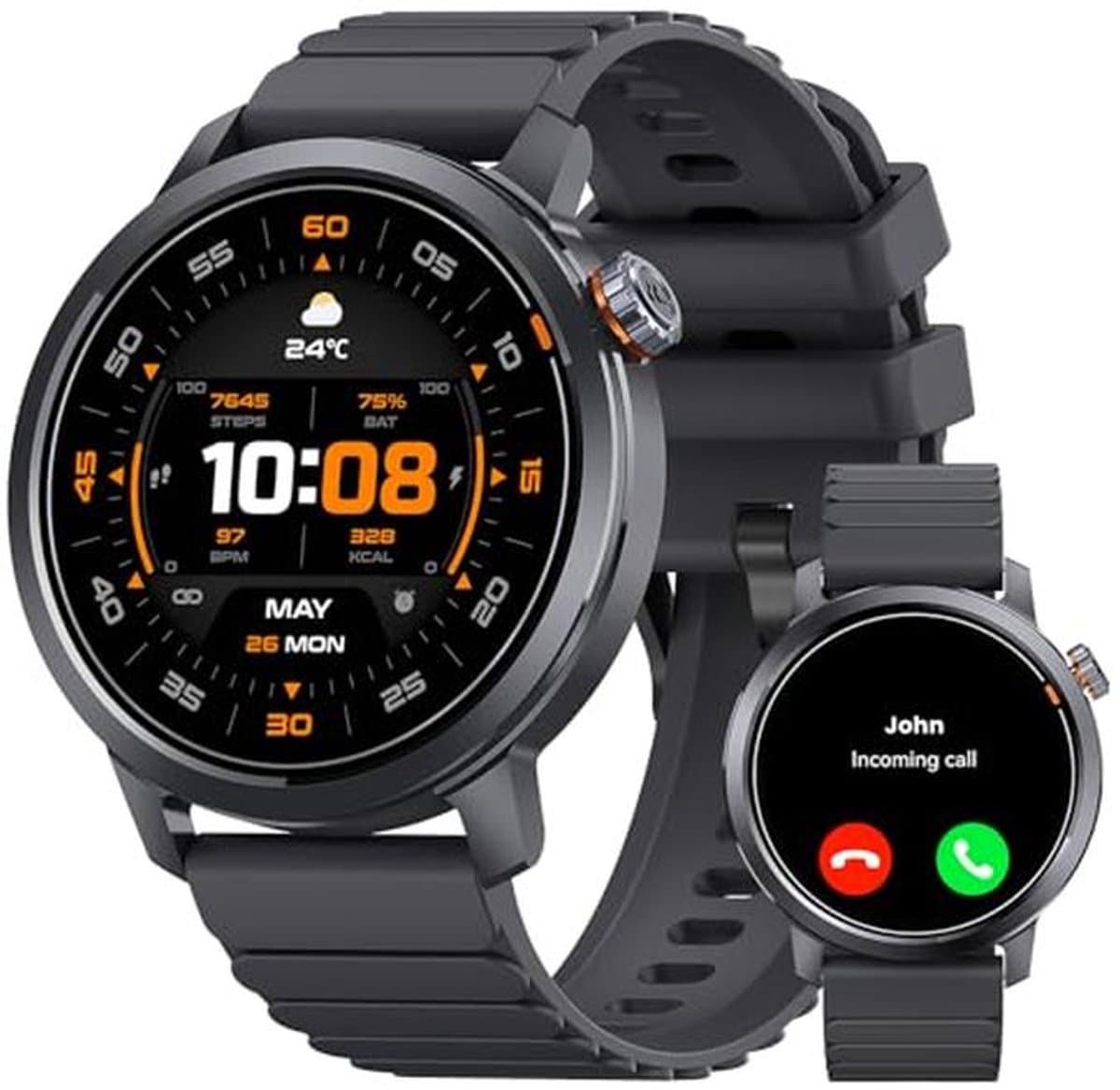 Smartwatch voor Mannen met 25 Dagen Batterij, 1.43" AMOLED, IP68 Waterdicht, Hartslag- en Slaapmonitor, 170+ Sportmodi, Bluetooth Bellen
