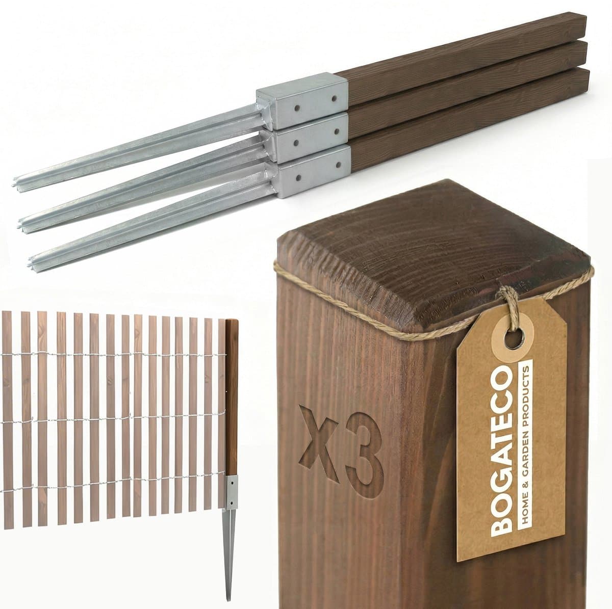 BOGATECO Geïmpregneerde Houten Tuinpalen 80x5x5 cm - Set van 3 Stuks - Vierkante Schuttingpalen voor Tuin & Omheining - Beschikbaar in 2 Kleuren en 4 Hoogtes