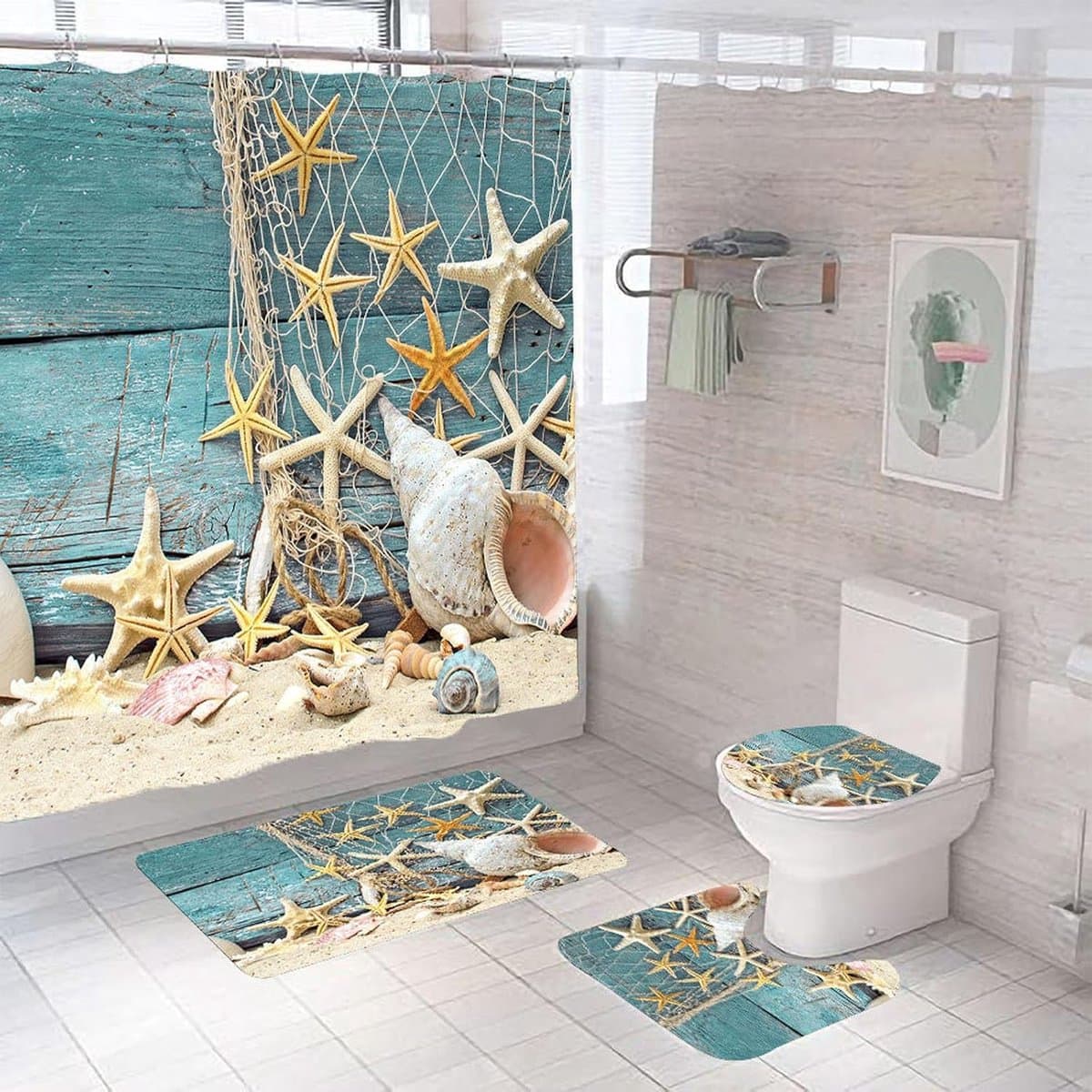 4-delige Douchegordijnset Badkamer - Blauwe Schelp & Zeester Strandtafereel - Inclusief Badmat, Toiletmat & Haken-Belle's product