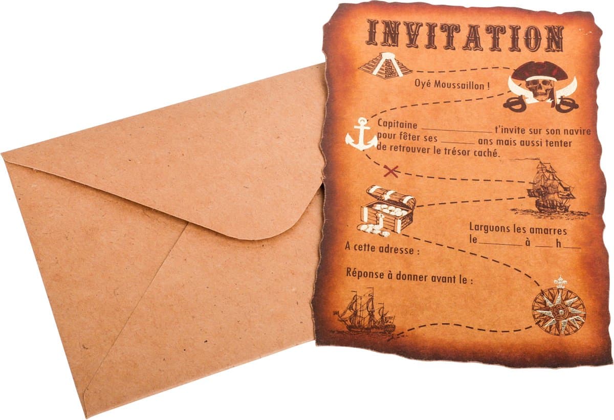 ARTYFETES - 8 uitnodigingen met enveloppen schatkaart piraat kraft 10 x 15 cm voor verjaardag