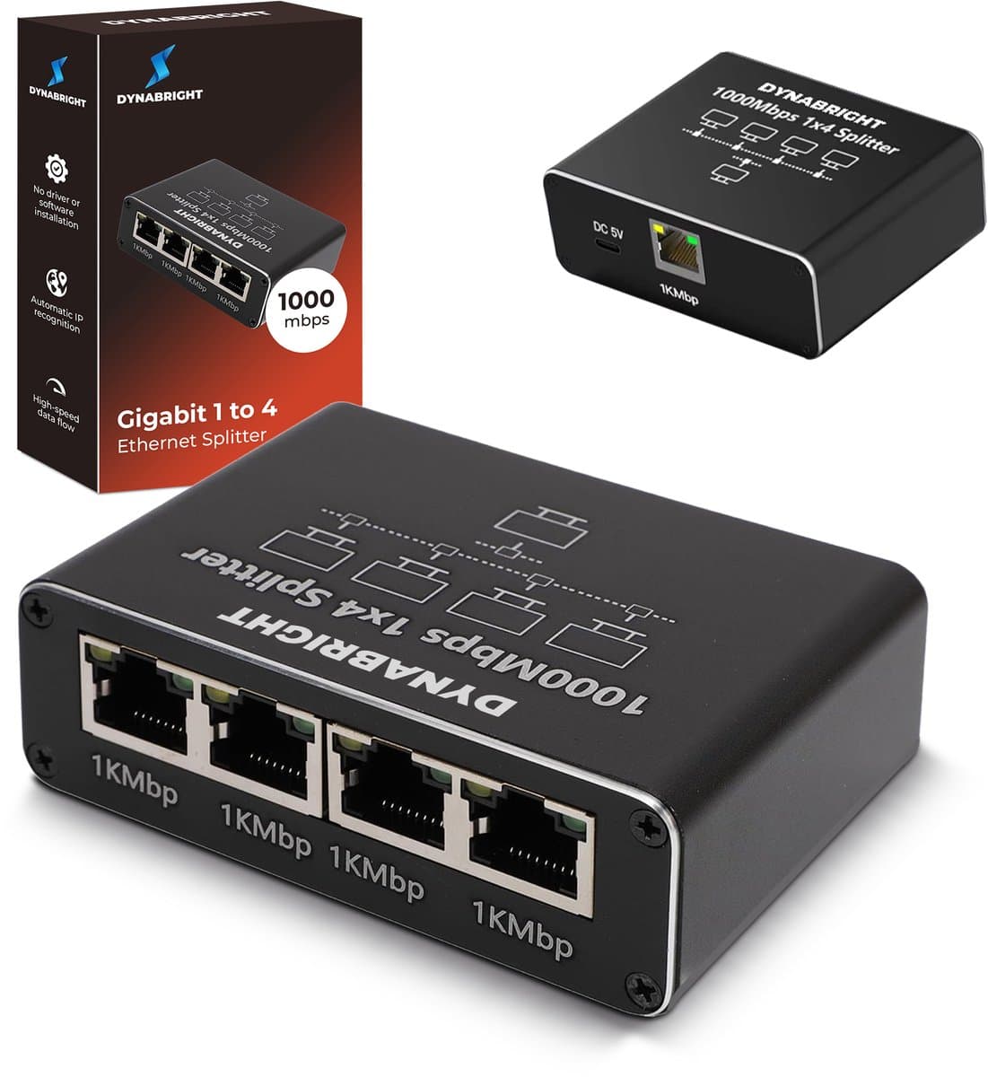 DynaBright Internet Splitter - 4 Poorten – Netwerk Switch – Tot 1000Mbps - Ethernet splitter – RJ45, CAT5 t/m CAT8 - Netwerk Splitter