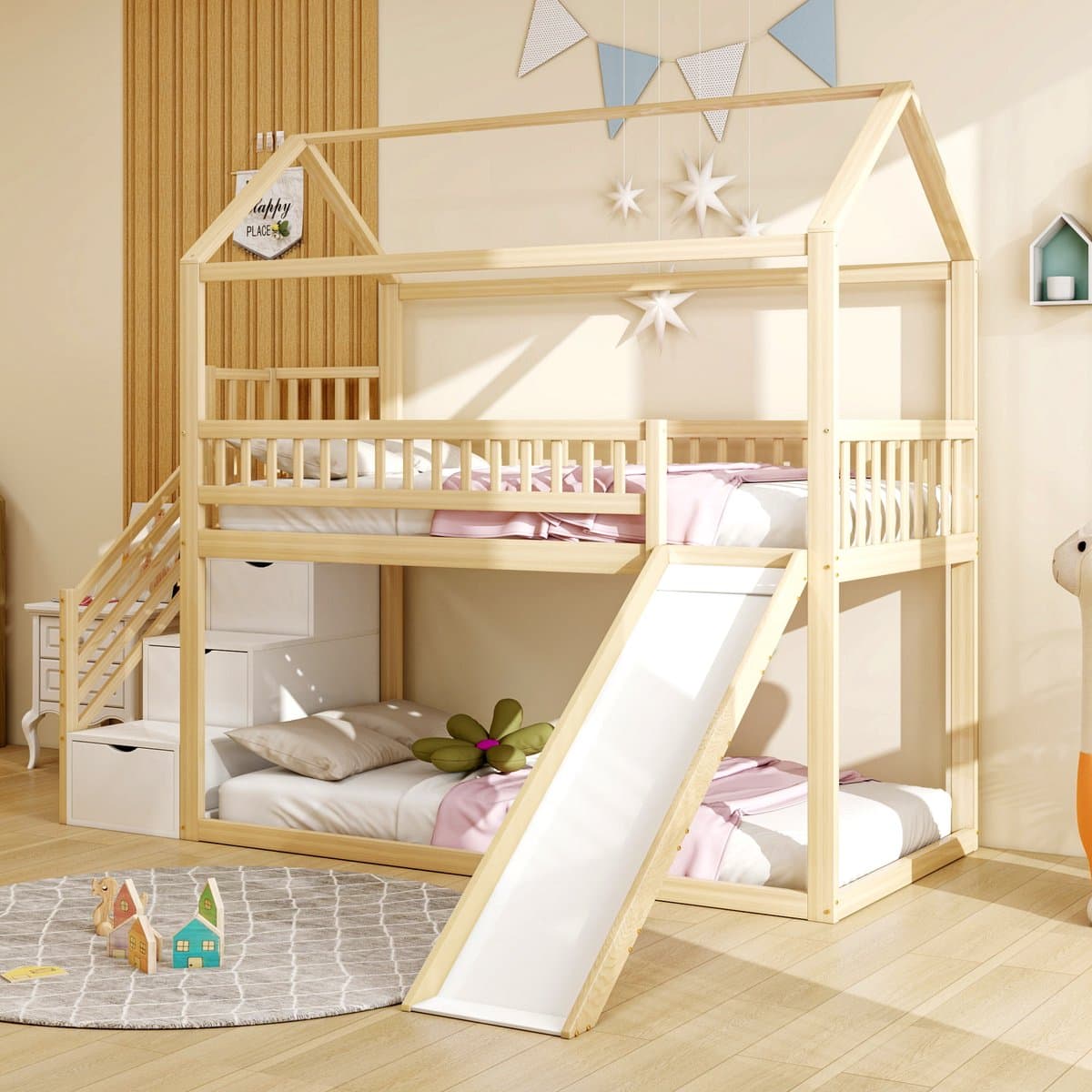 MODENUIT Kinderhoogslaper 90x200 cm – Met Glijbaan en Opbergladder – Hoge Veiligheidshekken – Zonder matras – Houtkleur