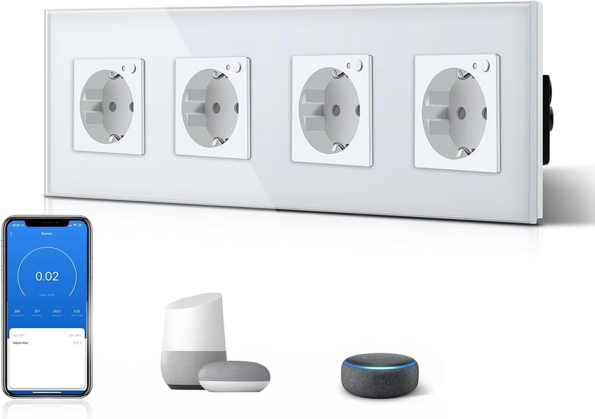 Slimme Inbouw Wifi Stopcontact 4-voudig met Energiebewaking en App/Spraakbediening