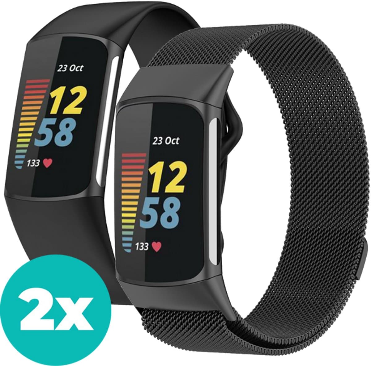 Siliconen bandje zwart (S/M) & zwart milanees bandje geschikt voor Fitbit Charge 5 bandje - Sport bandje - Met gesp - Magneetsluiting - Stalen milanese band