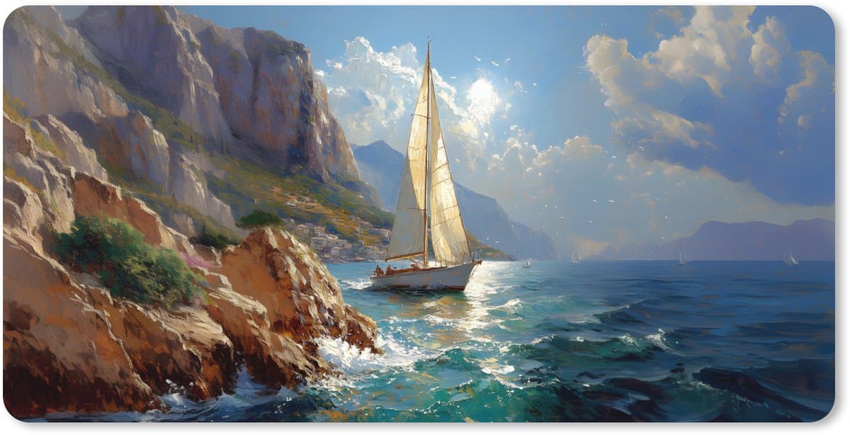 Muismat XXL 120x60 cm - Bureau onderlegger - Bureau mat Zeilschip - Zee - Rotsen - Wolken - Bureaumat - Gaming mousepad xl - Bureaulegger groot - Computer deskmat