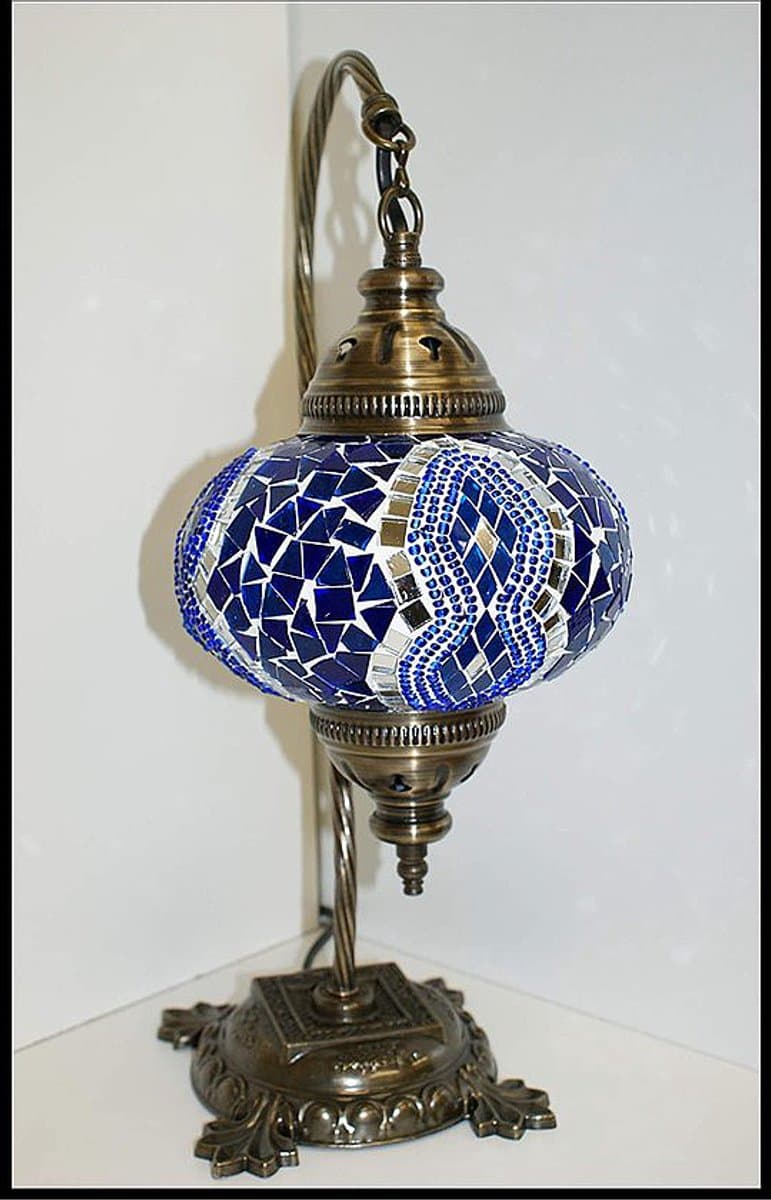 Turkse lamp - tafellamp met mozaïek bol 12 cm blauw - 1 stuk - handgemaakt en authentiek