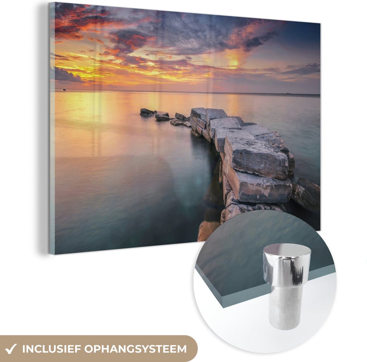 ® Glasschilderij 60x40 cm - Schilderij acrylglas - Pad naar zee tijdens zonsondergang bij Sipadan-eiland in Maleisië - Foto op glas - Muurdecoratie woonkamer - Wanddecoratie slaapkamer - Schilderijen