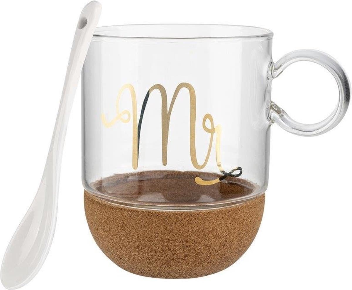 Florina dubbelwandig glas 240 ml met kurk voet en gouden opdruk Mr - Glas met oor - Inclusief porseleinen lepeltje - In geschenkverpakking