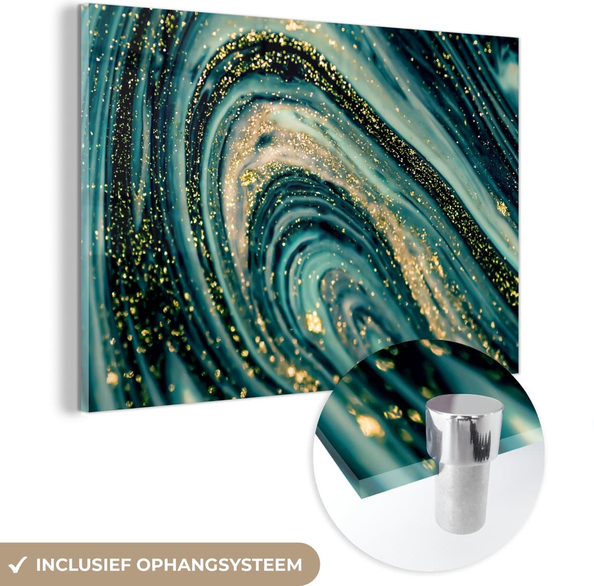 ® Glasschilderij 120x80 cm - Schilderij acrylglas - Marmerlook - Luxe - Goud - Turquoise - Glitter - Foto op glas - Muurdecoratie woonkamer - Wanddecoratie slaapkamer - Schilderijen