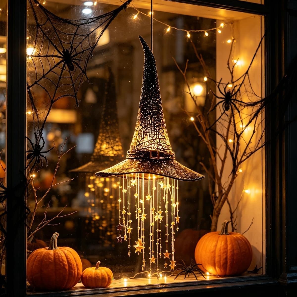 Hangende Halloween decoratie - Oplichtende tovenaarshoed - Halloween-decoraties - Halloween-cadeaus - Oplichtende tovenaarshoed - Heksenhoeddecoratie - Kwastjes met sterrenmotief - Voor Halloween & Herfstdecoratie - Heksenhoed Windgong - TENGYIF®