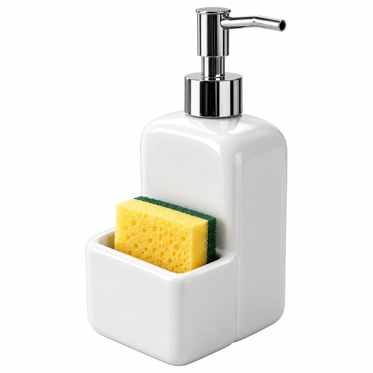 DPLUNIQ Zeepdispenser - Zeeppompje - Zeepbakje - Sponshouder - 2 in 1 - Navulbaar - Keramiek - Doseerpomp - Veelzijdig - RVS - Wit