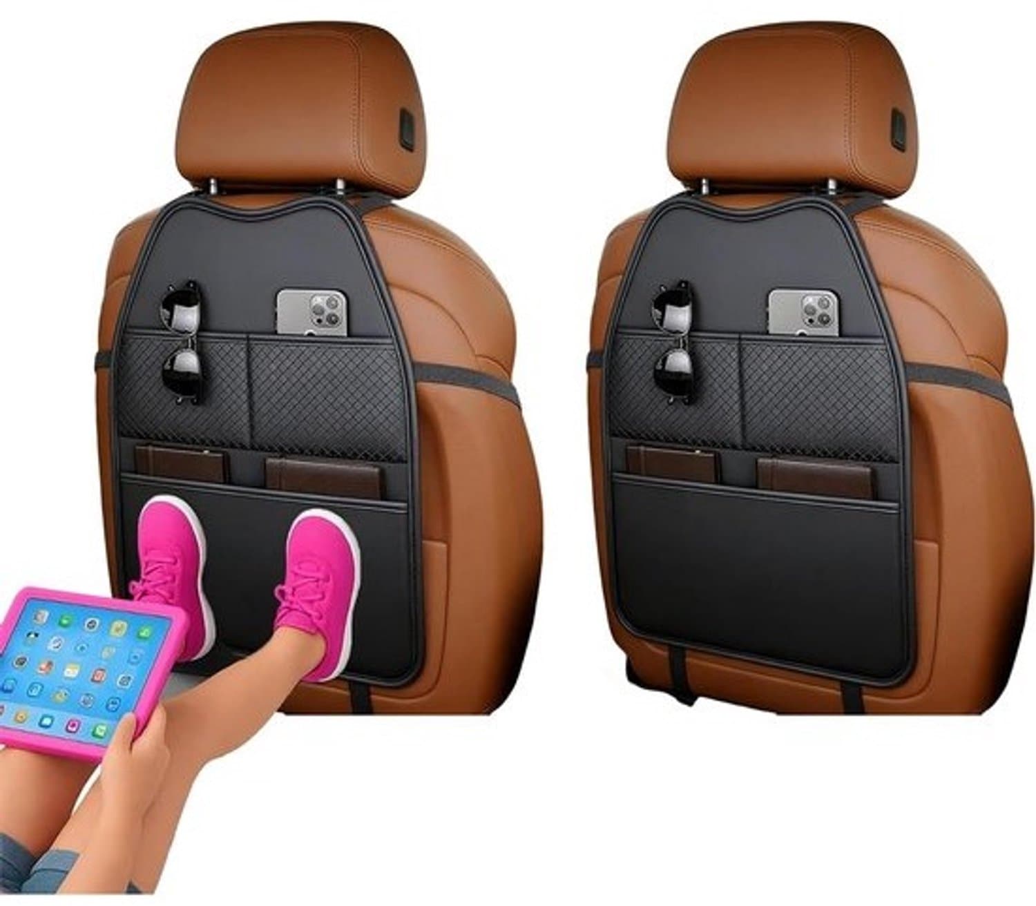 Autostoelbeschermer - Organizer met opbergvakken - Auto-interieur - Waterdicht PU-leer - 2 stuks - Zwart