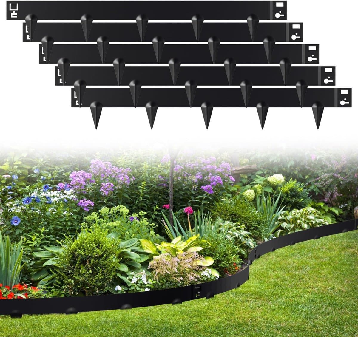 Metaal, bloembedomranding met doornen, bloembedomranding, gazonrand, gegalvaniseerd, bloembed, omranding, zwart (lengte 15 m - hoogte 15 cm)