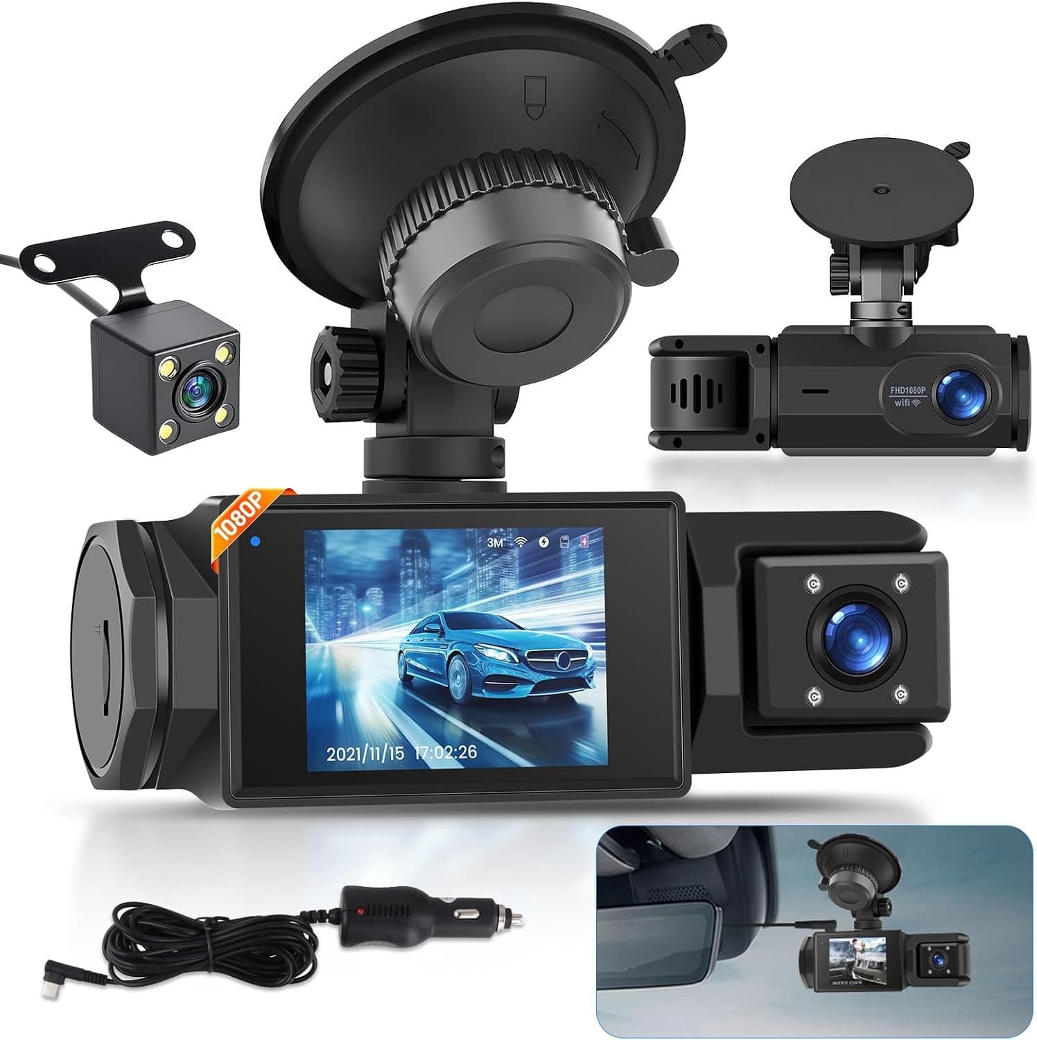 1080P Dash Cam, WiFi Dash Cam, 3-Kanaals Dash Cam voor en Achter Binnen, Full HD 2.0 Inch IPS Scherm Dash Camera voor Auto's met Loop Recording, Nachtzicht, 150° Groothoek, Bewegingsdetectie