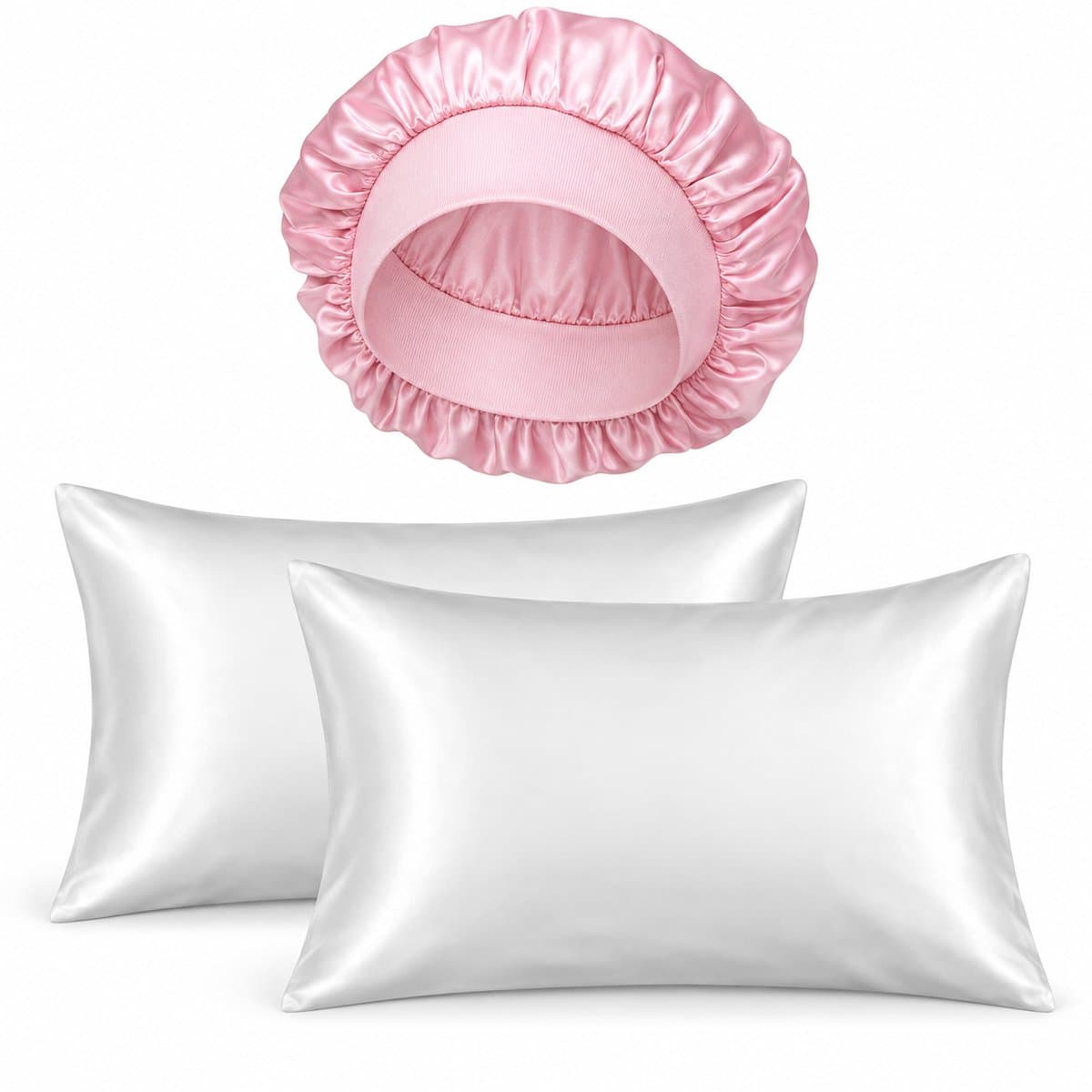 Professor Q Slaapset - 2 Satijnen Kussenslopen Wit 60 x 70 cm - Satijnen Bonnet Roze