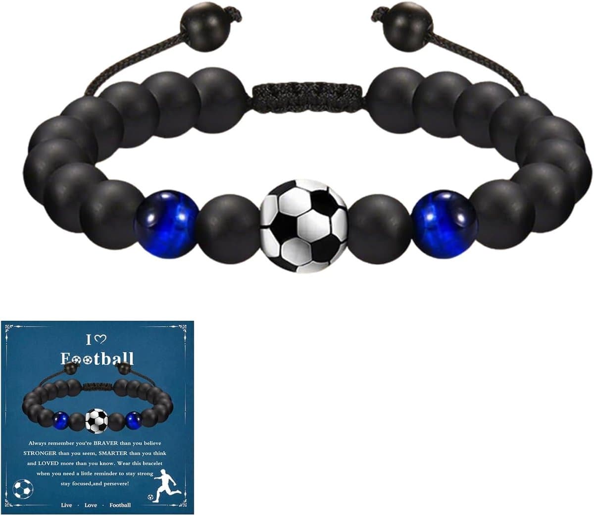Voetbalarmband met twee blauwe barnstenen, voor jongens, meisjes, ideaal cadeau voor voetbalfans, Kerstmis en verjaardagen, cadeaus voor alle leeftijden
