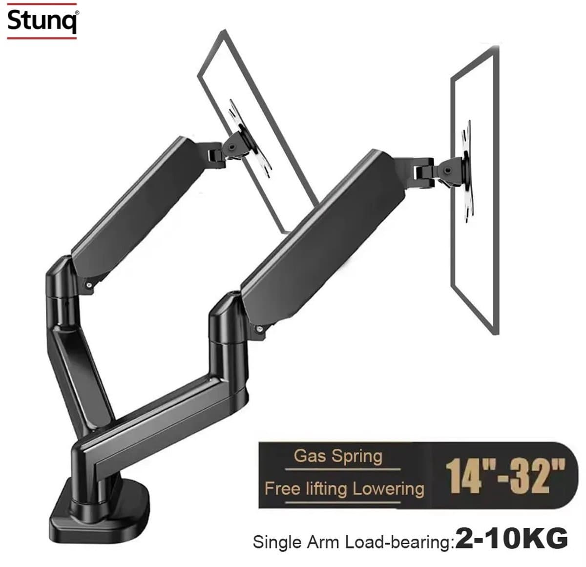 Stunq® Dubbele Monitorarm Zwart - Gasveer Bureausteun voor 17-32 inch - VESA 75x75/100x100