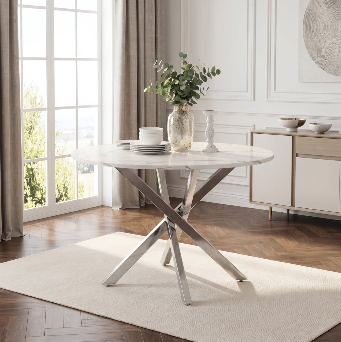 MODFU - Ronde Eettafel - Marmerlook - Modern - Wit En Zilver - Ø 80 Cm