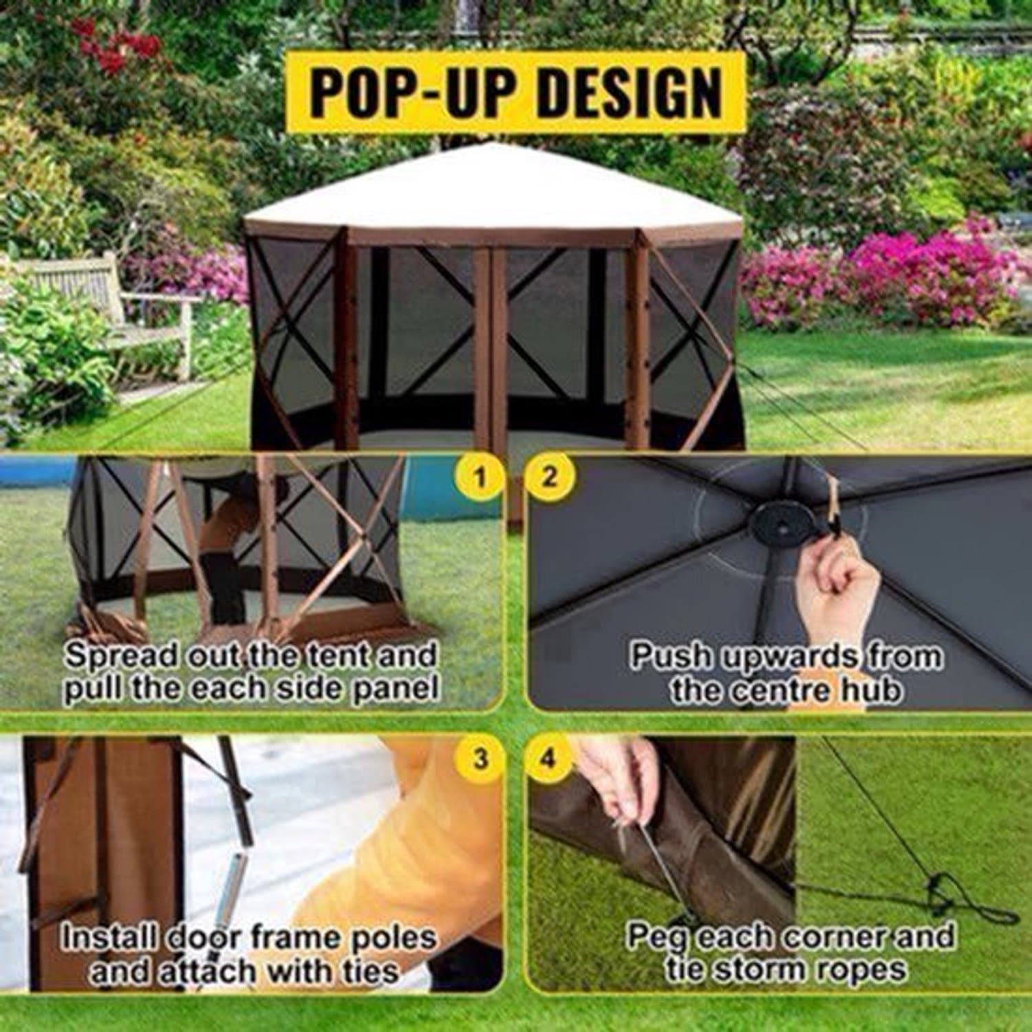 Pop up tent – Kampeertent - Tent - Partytenten - Paviljoen - Partytent - 12x12ft - Gazebo - Waterdicht & UV-bescherming – 6-zijdig Ontwerp – Inclusief Schaduwluifel & Mesh Vensters