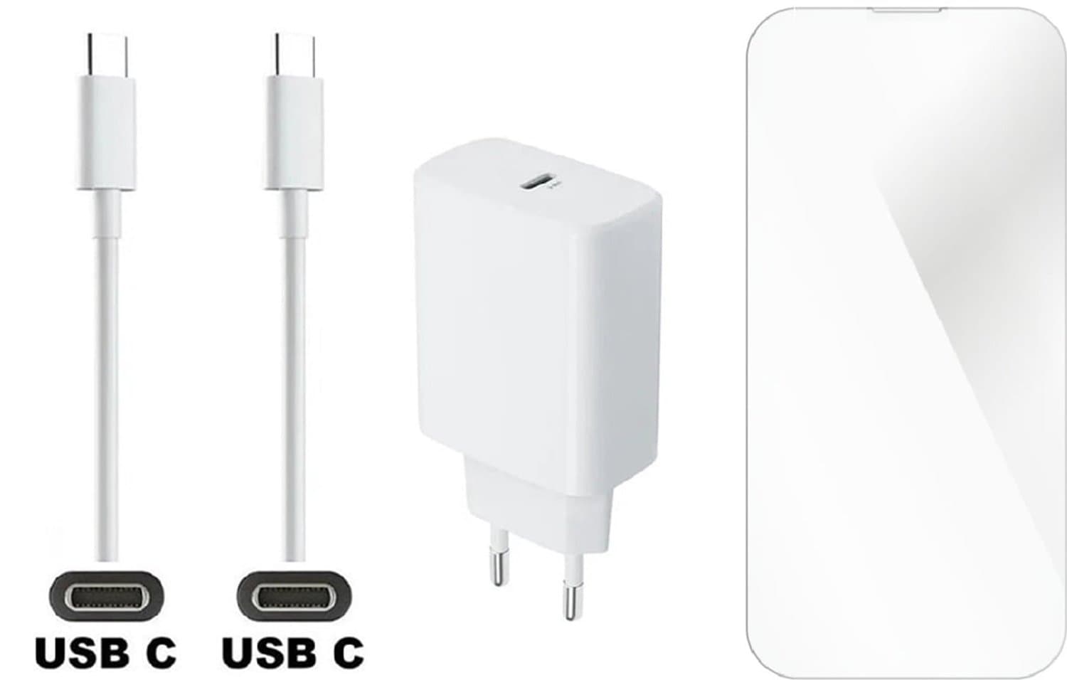 OneOne 25W super snellader en screenprotector van glas voor iPhone 17 Pro. Oplader met sterke 2,0m USB C naar C kabel. Krachtige witte PD PPS lader adapter. Screenprotector past op Apple iPhone 17 Pro