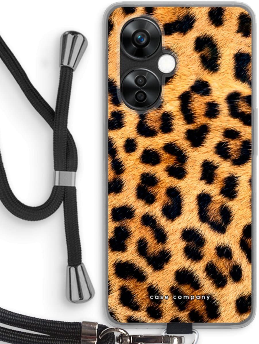 Case Company® - Hoesje met koord geschikt voor OnePlus Nord CE 3 Lite hoesje met Koord - Luipaard - Telefoonhoesje met Zwart Koord - Bescherming aan alle Kanten en Over de Schermrand