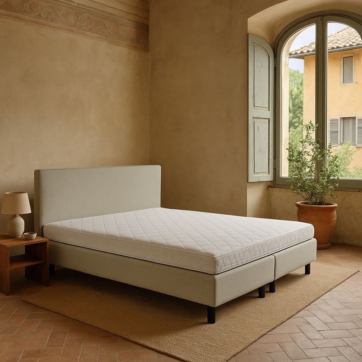 Boxspring Vendita vlak 160x190 cm Luxe Pocketvering Stof beige Gratis 2x Hoofdkussens