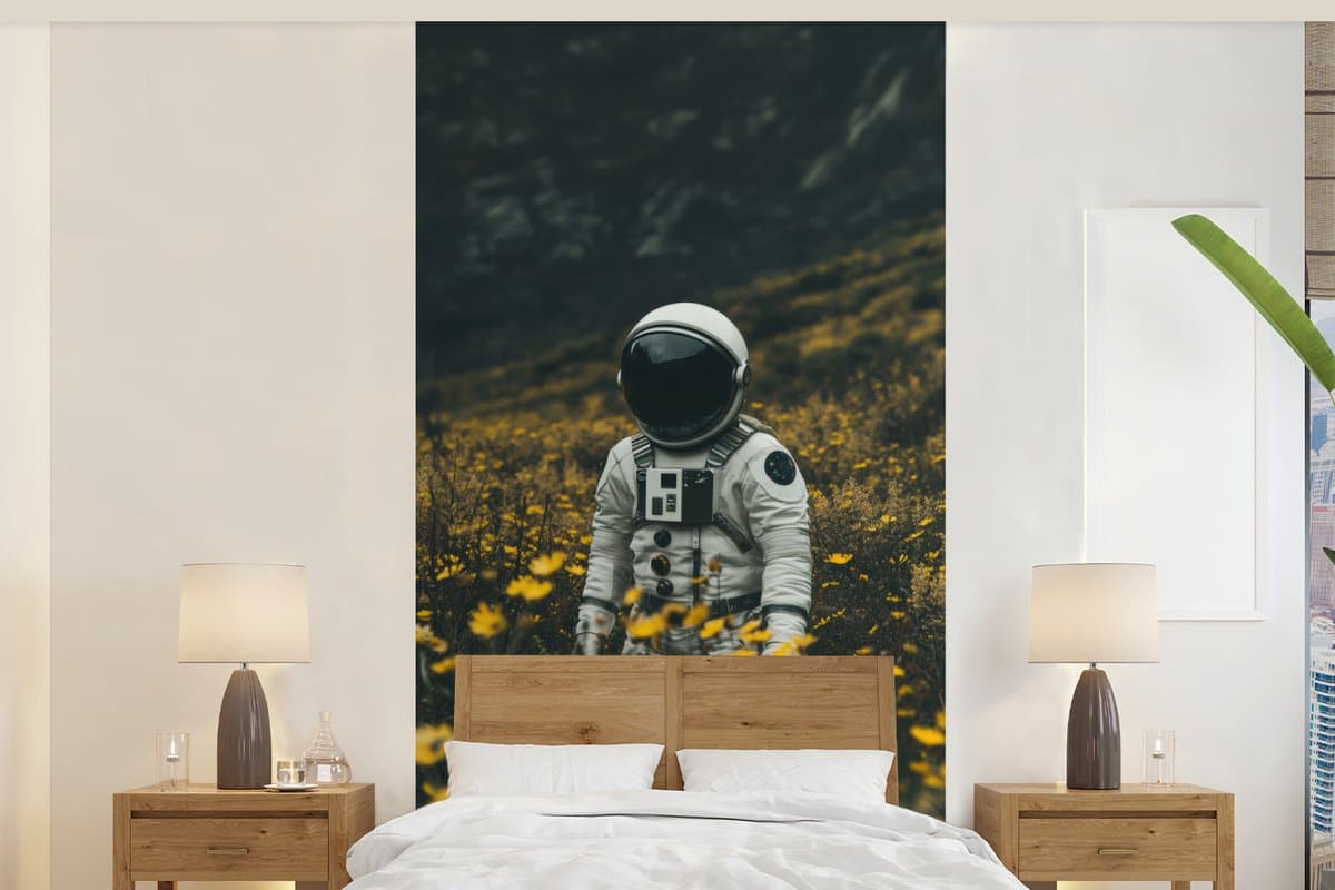 Behang - Fotobehang Astronaut - Bloemen - Veld - Geel - Breedte 120 cm x hoogte 240 cm