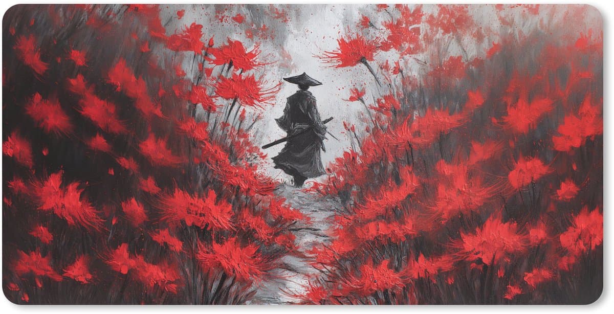 Muismat XXL 120x60 cm - Bureau onderlegger - Bureau mat Rode bloemen - mistig - Man - Bureaumat - Gaming mousepad xl - Bureaulegger groot - Computer deskmat