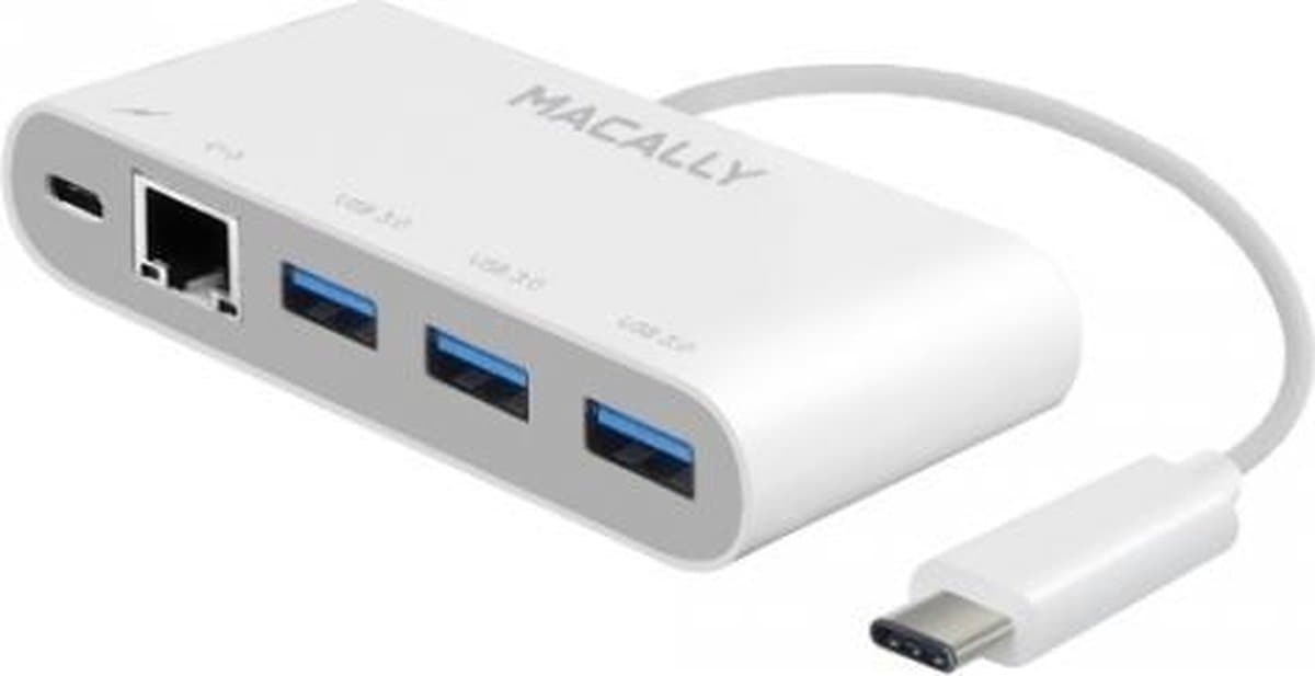 Macally UC3HUB3GBC USB-C hub met 3 USB-A-poorten,  1 Gigabit Ethernet-poort en 1 USB-C-laadpoort