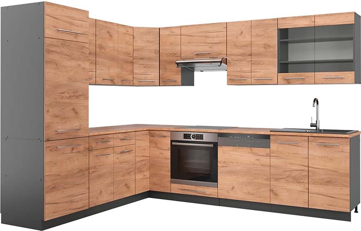 Vicco Hoekkeuken Fame-Line, Goudkleurig Eiken/Antraciet, 287 x 227 cm, WB Eik