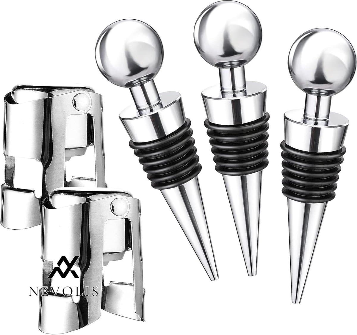 Nevolis 5pcs Champagne Stoppers Silver Vacuum Sparkling Wine Closure Stainless Steel Stopper Wine Saver .