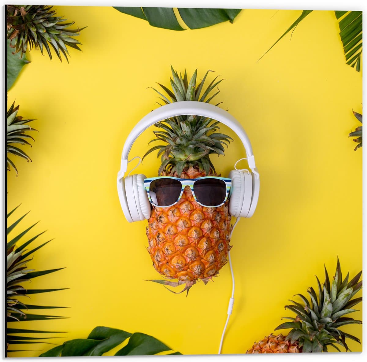 Dibond - Ananas met Witte Headset op Felgele Achtergrond - 50x50 cm Foto op Aluminium (Met Ophangsysteem)