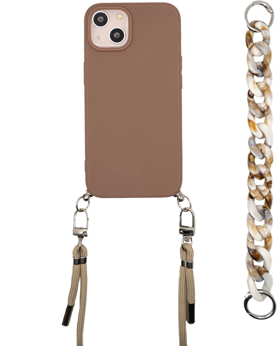Shieldcase geschikt voor Apple iPhone 13 hoesje met koord en ketting - bruin